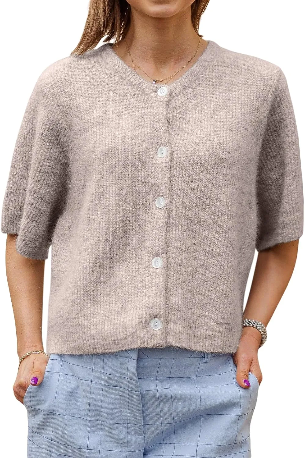 Women Knitted Crop Cardigan Shirt Y2k Short Sleeve Cardigan Button Up Rib Knit Elegant Loose Fit Sweater Tops