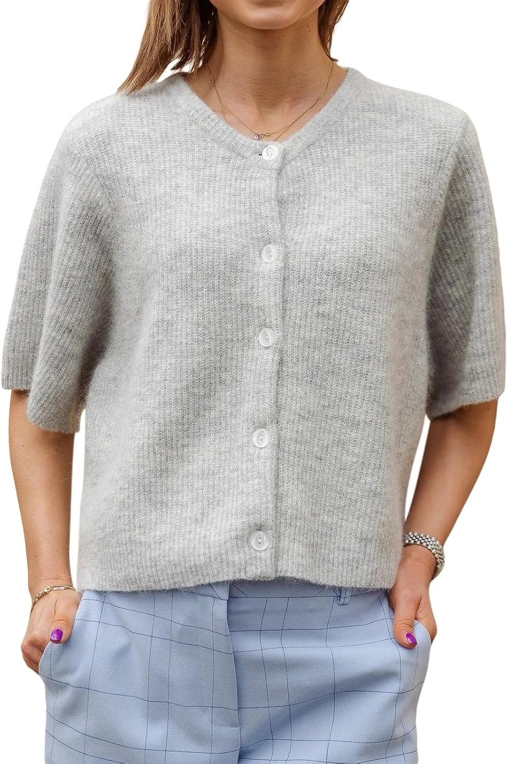 Women Knitted Crop Cardigan Shirt Y2k Short Sleeve Cardigan Button Up Rib Knit Elegant Loose Fit Sweater Tops