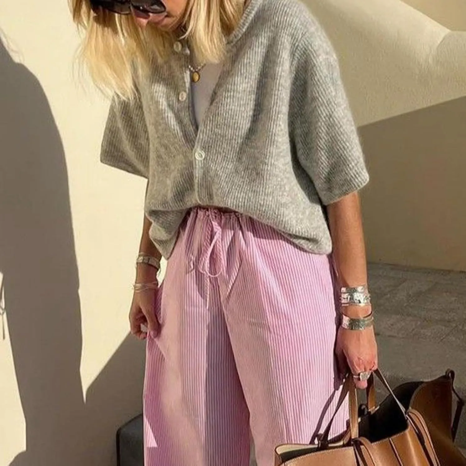 Women Knitted Crop Cardigan Shirt Y2k Short Sleeve Cardigan Button Up Rib Knit Elegant Loose Fit Sweater Tops