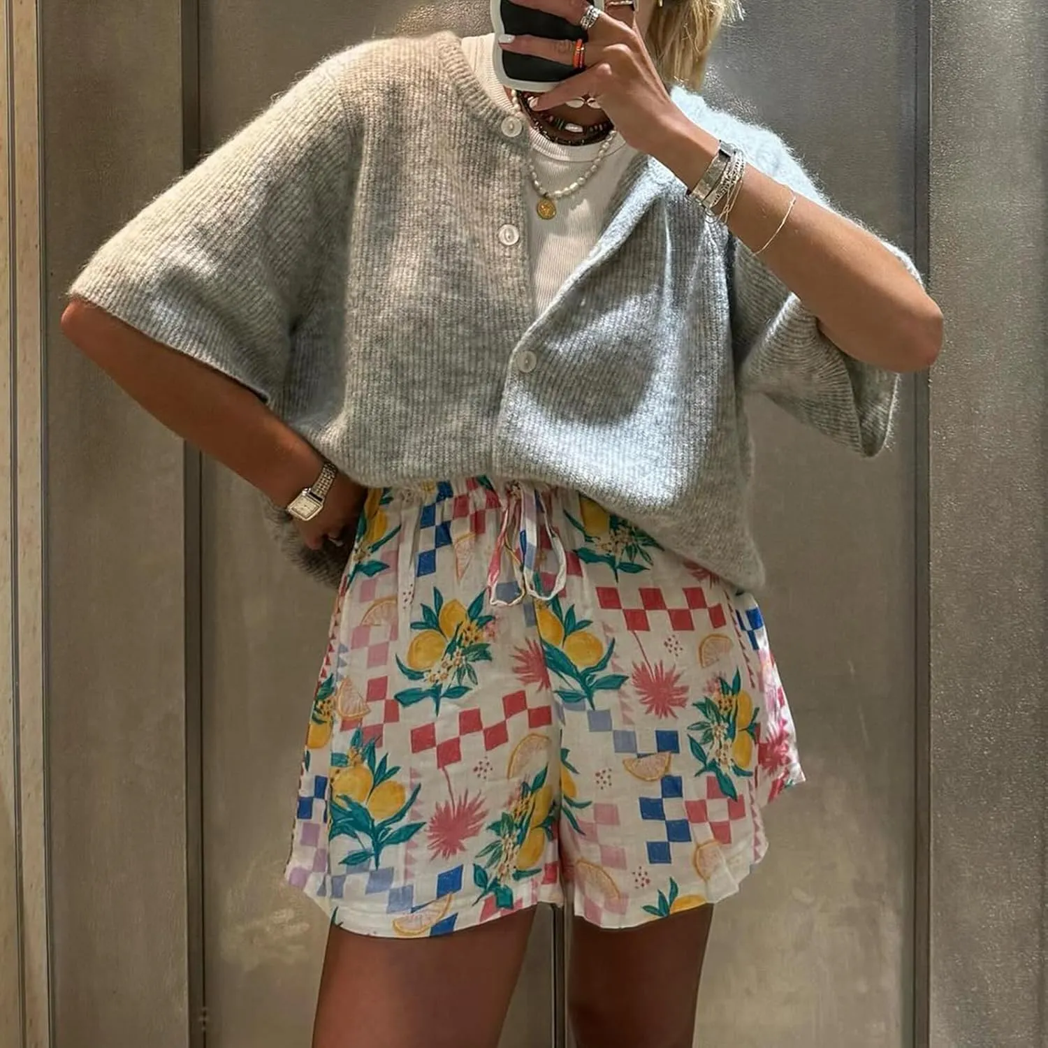 Women Knitted Crop Cardigan Shirt Y2k Short Sleeve Cardigan Button Up Rib Knit Elegant Loose Fit Sweater Tops