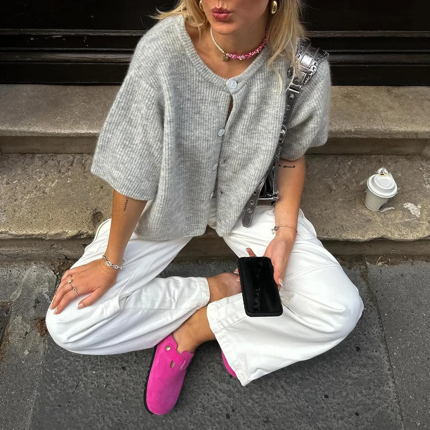 Women Knitted Crop Cardigan Shirt Y2k Short Sleeve Cardigan Button Up Rib Knit Elegant Loose Fit Sweater Tops