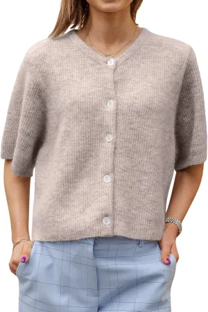 Women Knitted Crop Cardigan Shirt Y2k Short Sleeve Cardigan Button Up Rib Knit Elegant Loose Fit Sweater Tops
