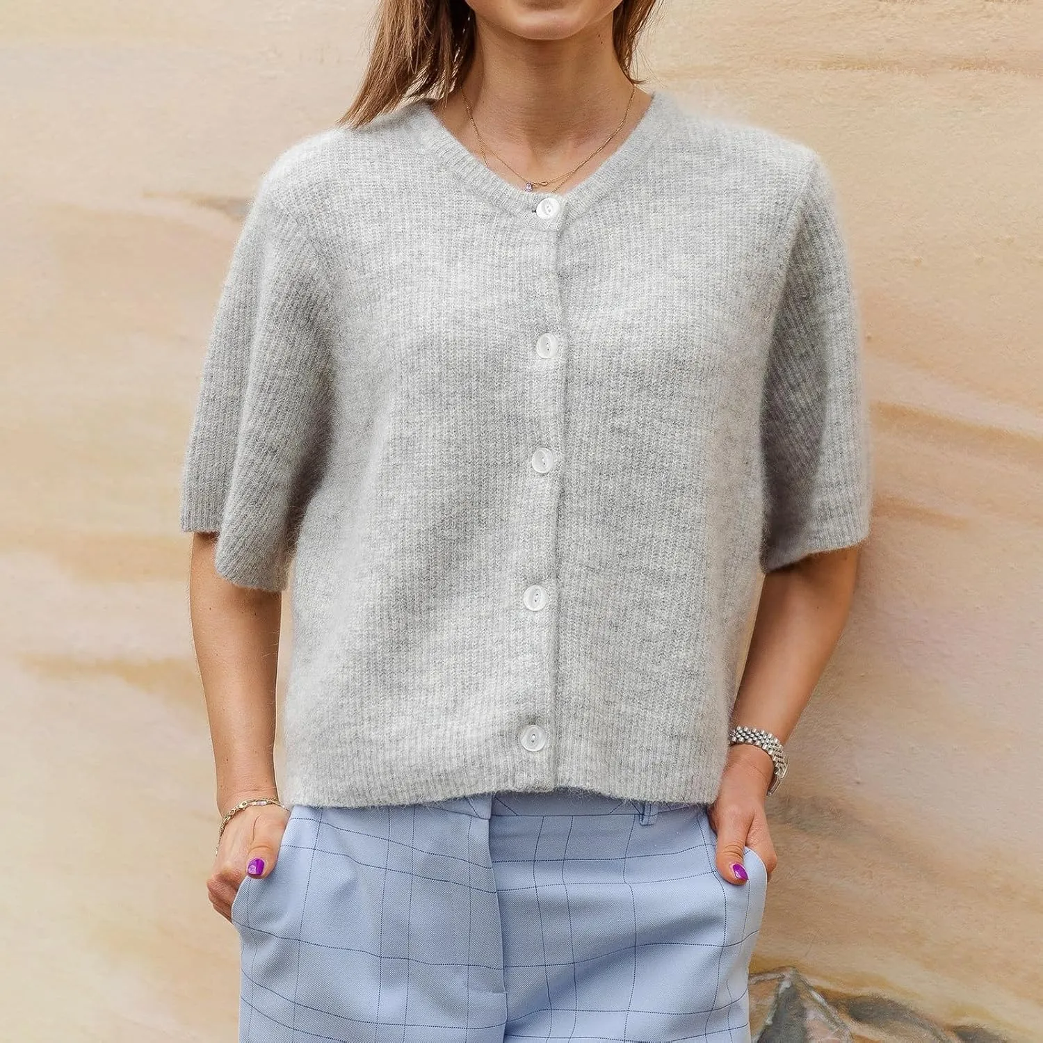 Women Knitted Crop Cardigan Shirt Y2k Short Sleeve Cardigan Button Up Rib Knit Elegant Loose Fit Sweater Tops