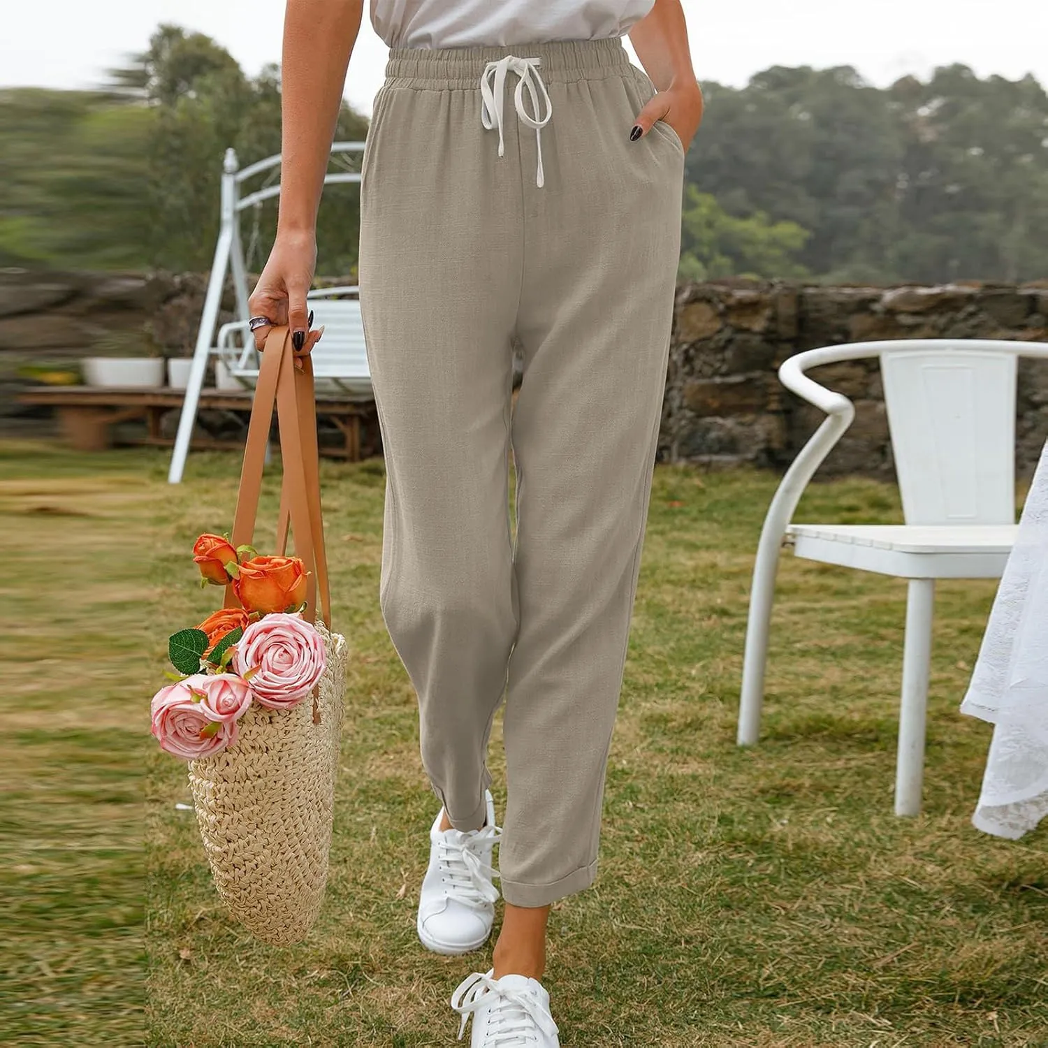 Women Linen Pants Summer Wide Leg Cropped Pants Casual Capri Pants with Pockets High Waisted Tapered Ankle Pants