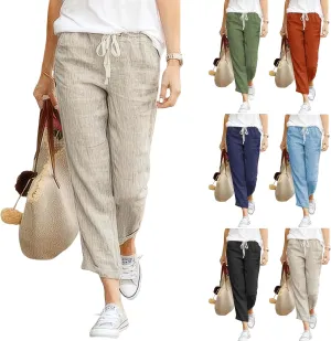 Women Linen Pants Summer Wide Leg Cropped Pants Casual Capri Pants with Pockets High Waisted Tapered Ankle Pants