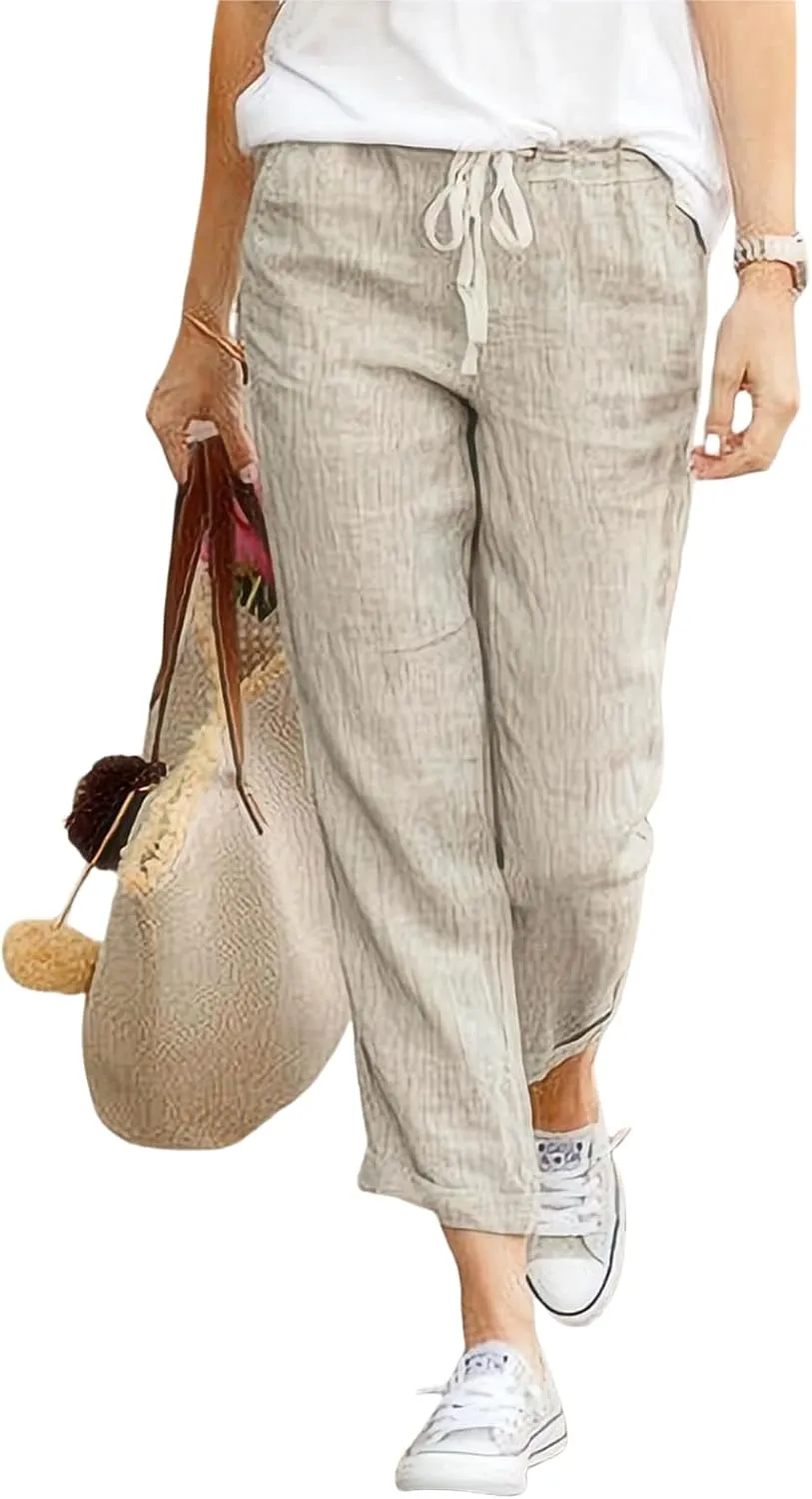 Women Linen Pants Summer Wide Leg Cropped Pants Casual Capri Pants with Pockets High Waisted Tapered Ankle Pants