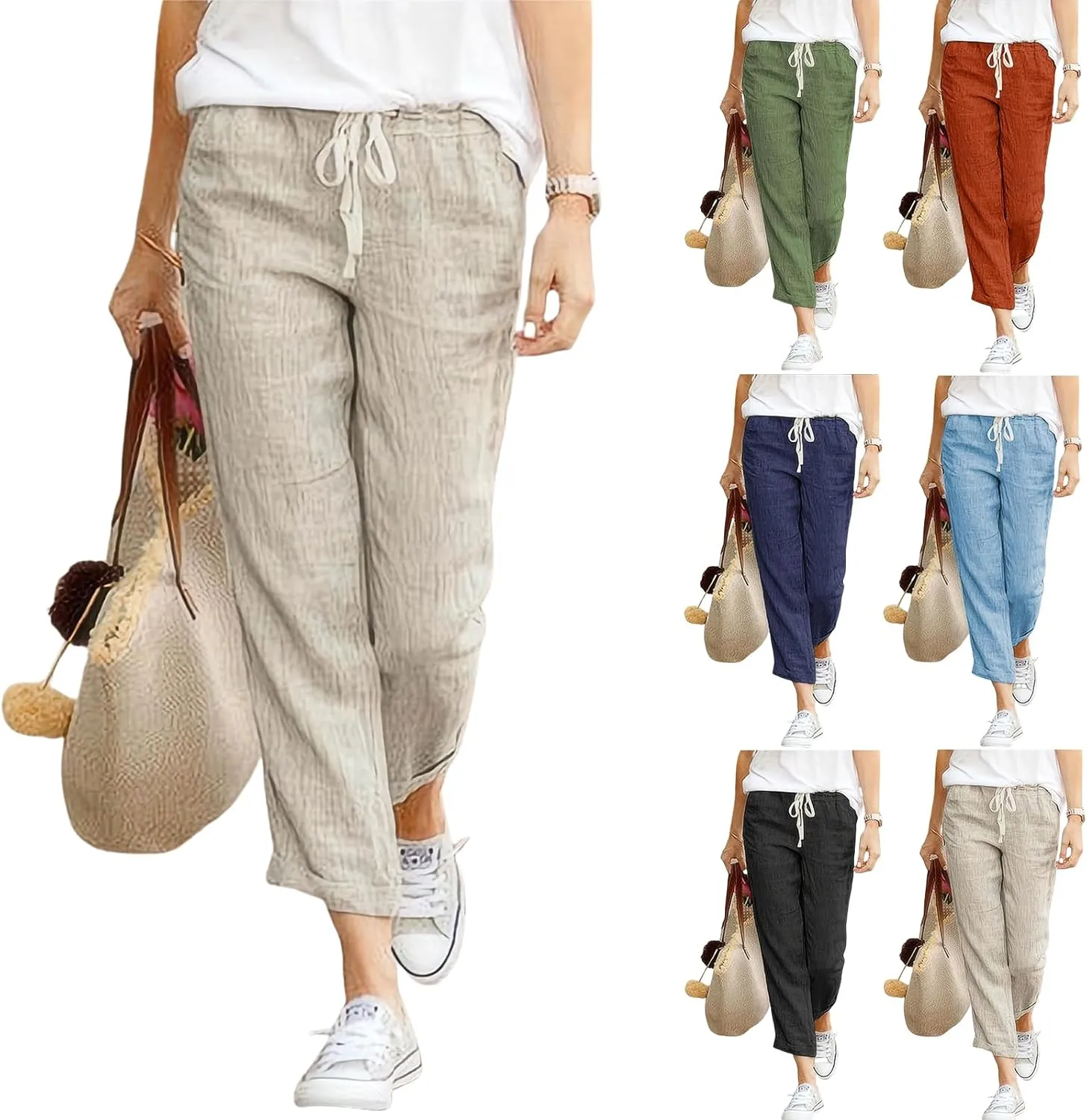 Women Linen Pants Summer Wide Leg Cropped Pants Casual Capri Pants with Pockets High Waisted Tapered Ankle Pants