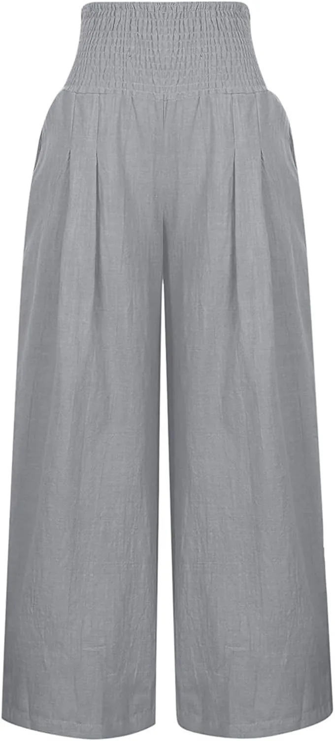 Women's Cotton Linen Wide Leg Pants Summer Smocked High Waisted Palazzo Trousers with Pockets Beach Cover Up