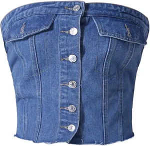 Women's Denim Tube Tops Button Front Raw Hem Smocked Back Crop Strapless Bandeau Top