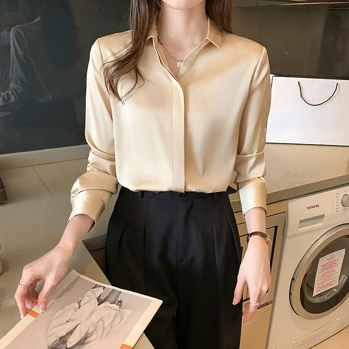 Women's Satin Blouse Fashion Long Sleeve Satin Silk Shirt Work Office Top Casual Shirt
