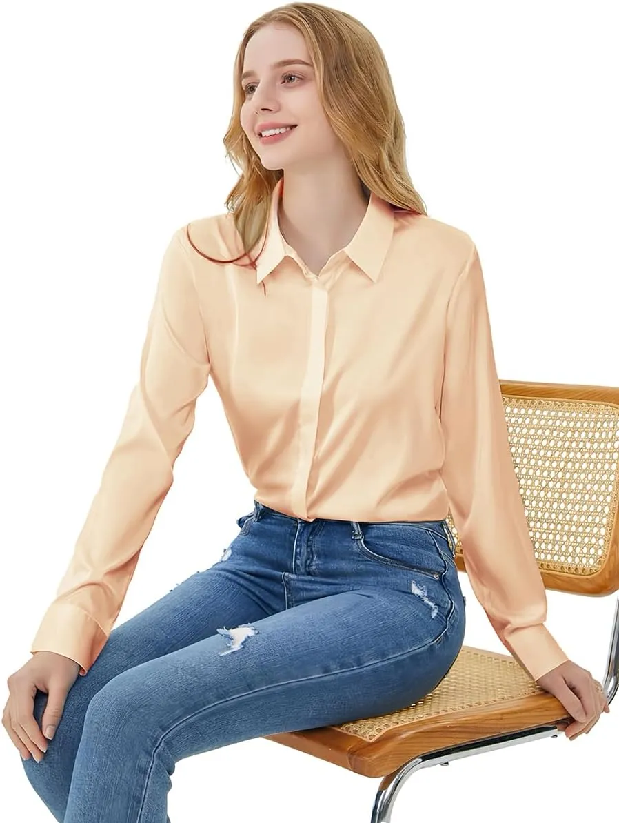 Women's Satin Blouse Fashion Long Sleeve Satin Silk Shirt Work Office Top Casual Shirt