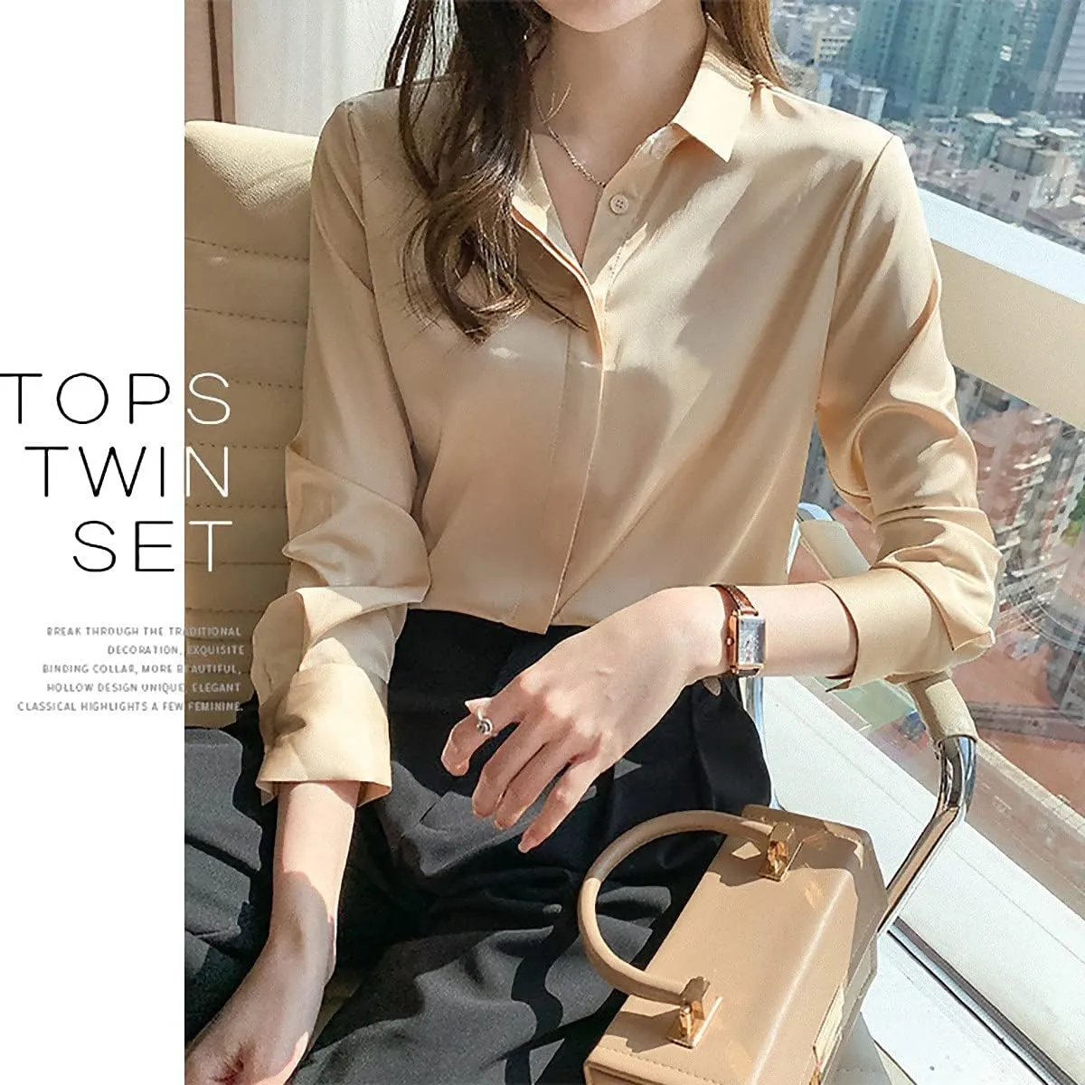 Women's Satin Blouse Fashion Long Sleeve Satin Silk Shirt Work Office Top Casual Shirt