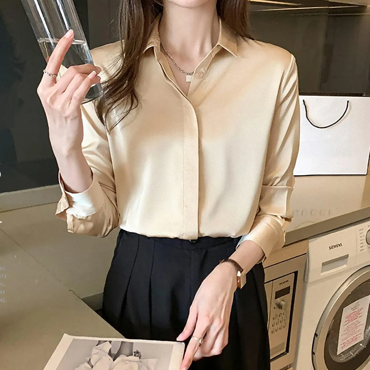 Women's Satin Blouse Fashion Long Sleeve Satin Silk Shirt Work Office Top Casual Shirt