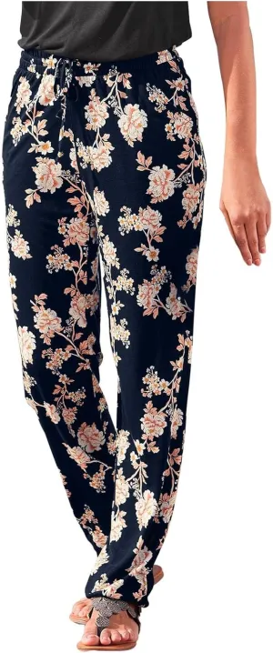 Womens Tapered Pants Boho High Waisted Cinch Bottom Beach Trousers Elastic Waist Lightweight Casual Pants with Pockets