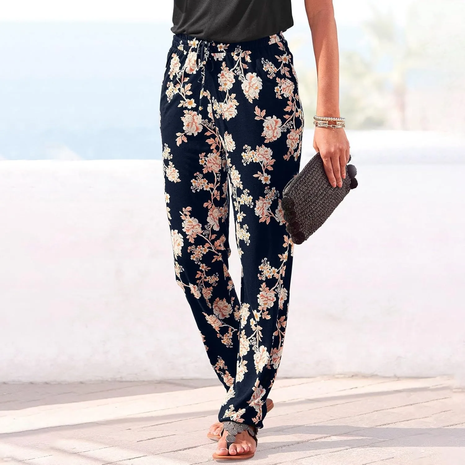 Womens Tapered Pants Boho High Waisted Cinch Bottom Beach Trousers Elastic Waist Lightweight Casual Pants with Pockets