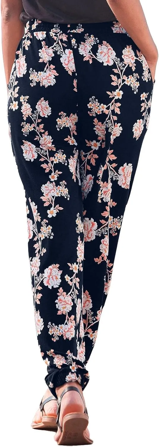 Womens Tapered Pants Boho High Waisted Cinch Bottom Beach Trousers Elastic Waist Lightweight Casual Pants with Pockets